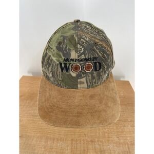 Vintage Montgomery Wood Camo Hat Adjustable Strap Leather Buckle